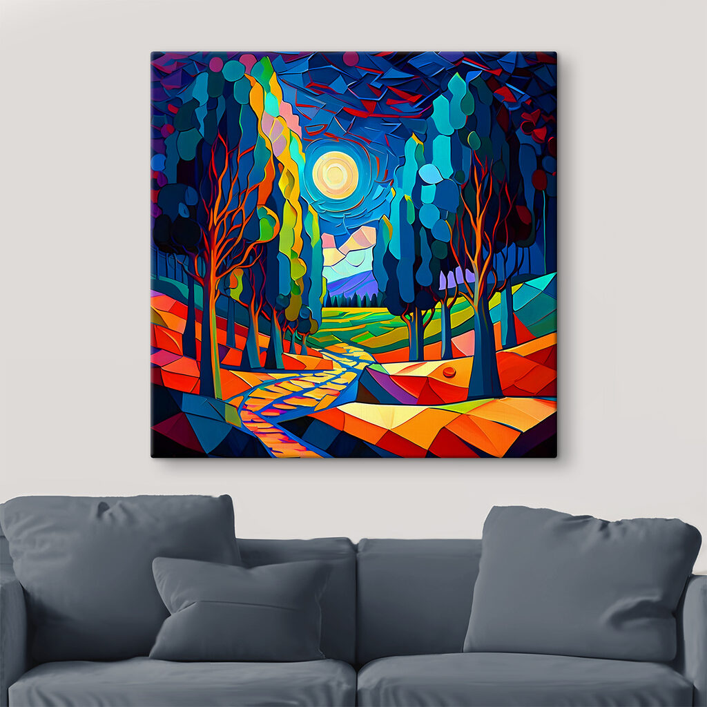 A colorful landscape with trees and a path