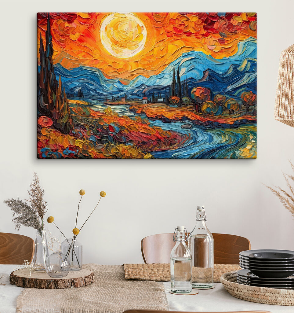 A painting of a landscape with a river and mountains A painting of a landscape with a river and mountains