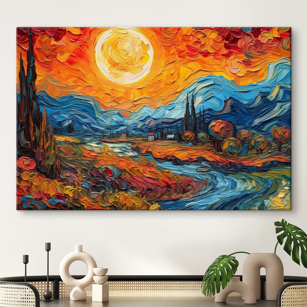 A painting of a landscape with a river and mountains A painting of a landscape with a river and mountains
