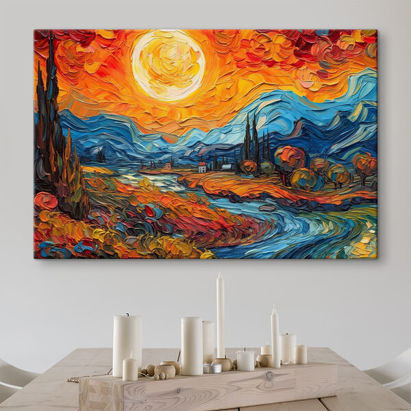 A painting of a landscape with a river and mountains A painting of a landscape with a river and mountains