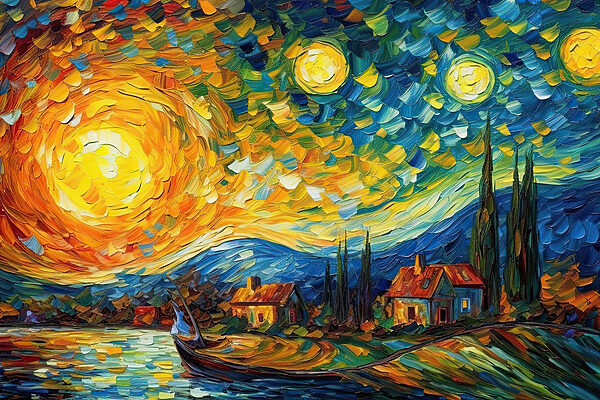 A painting of a house and a boat on a lake A painting of a house and a boat on a lake