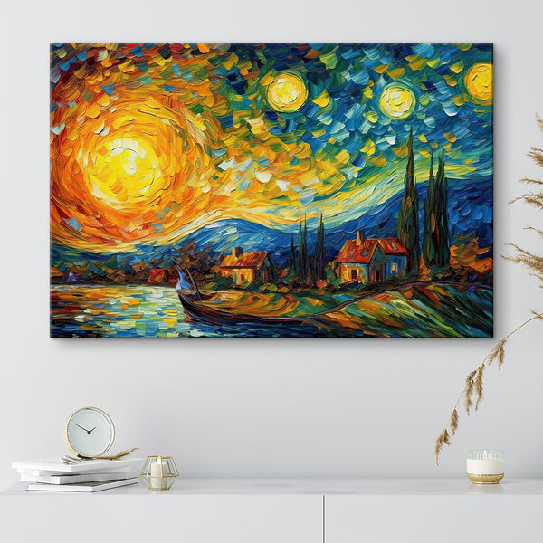 A painting of a house and a boat on a lake A painting of a house and a boat on a lake