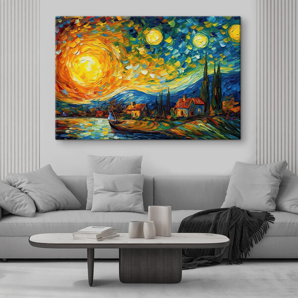 A painting of a house and a boat on a lake A painting of a house and a boat on a lake