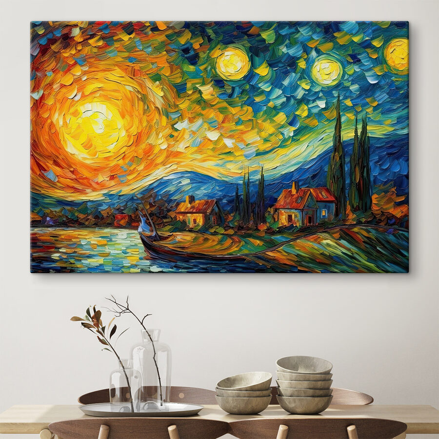 A painting of a house and a boat on a lake A painting of a house and a boat on a lake