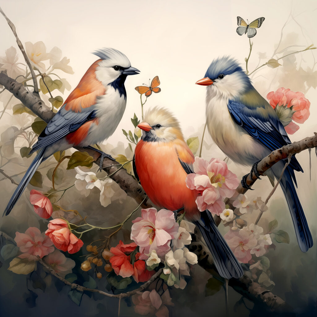 A group of birds on a branch with flowers