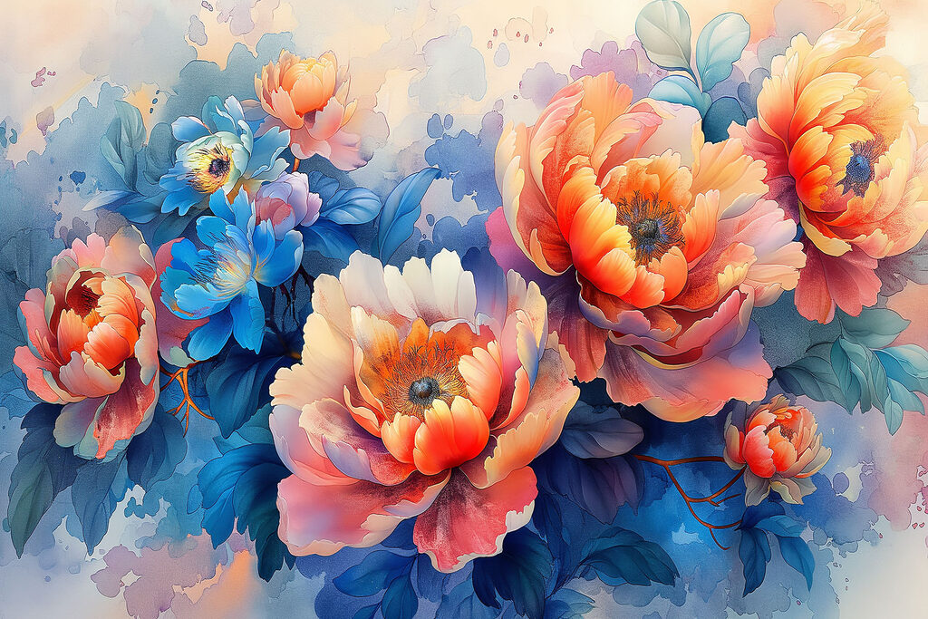 A painting of flowers on a blue background