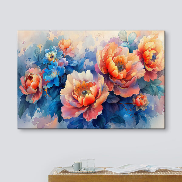 A painting of flowers on a blue background A painting of flowers on a blue background