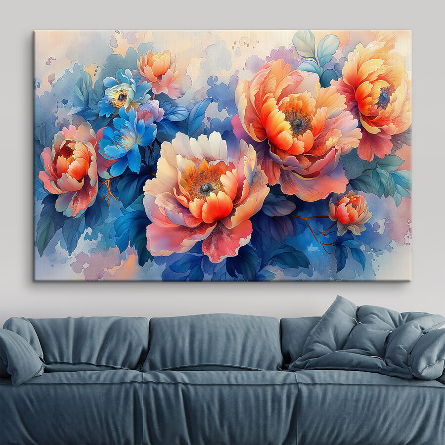 A painting of flowers on a blue background A painting of flowers on a blue background
