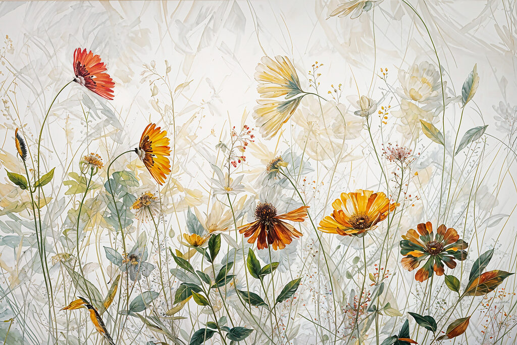 A painting of flowers and leaves A painting of flowers and leaves