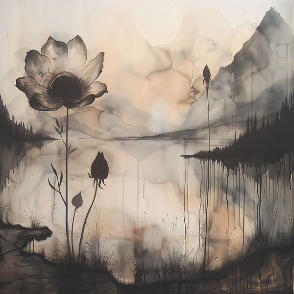 A painting of a flower and a lake A painting of a flower and a lake