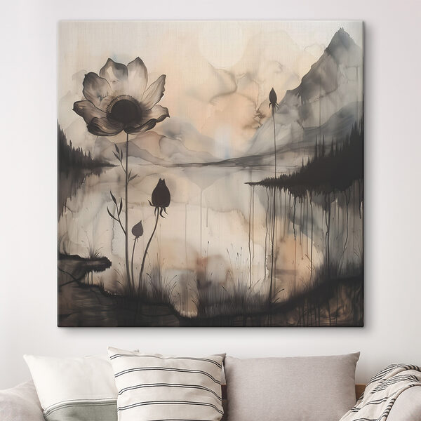 A painting of a flower and a lake A painting of a flower and a lake