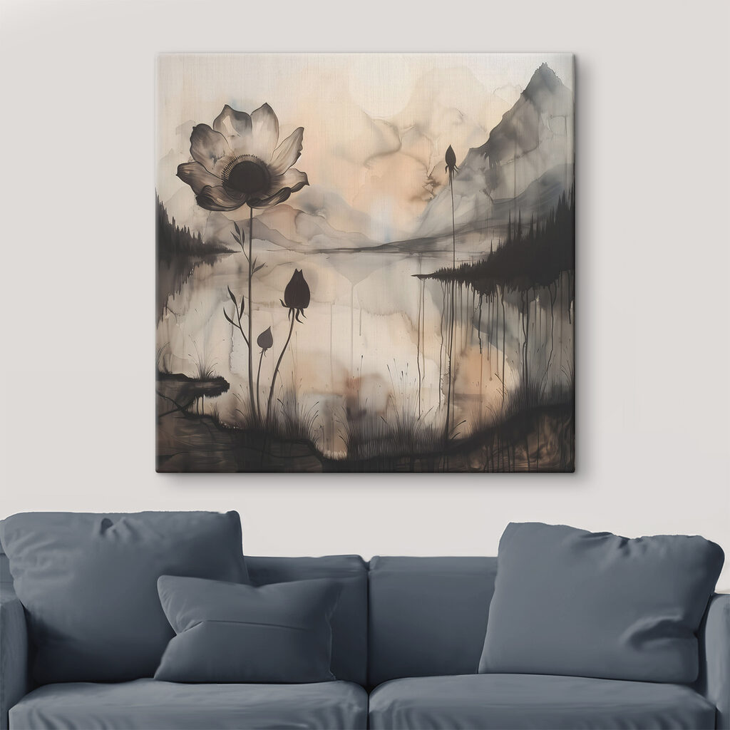 A painting of a flower and a lake