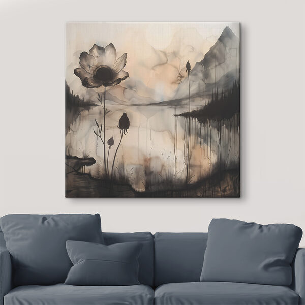 A painting of a flower and a lake A painting of a flower and a lake