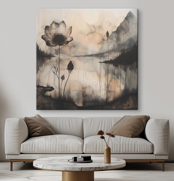 A painting of a flower and a lake A painting of a flower and a lake