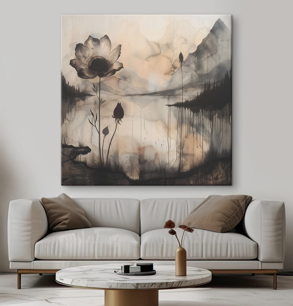 A painting of a flower and a lake