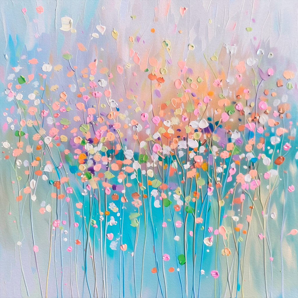 A painting of flowers on a blue background