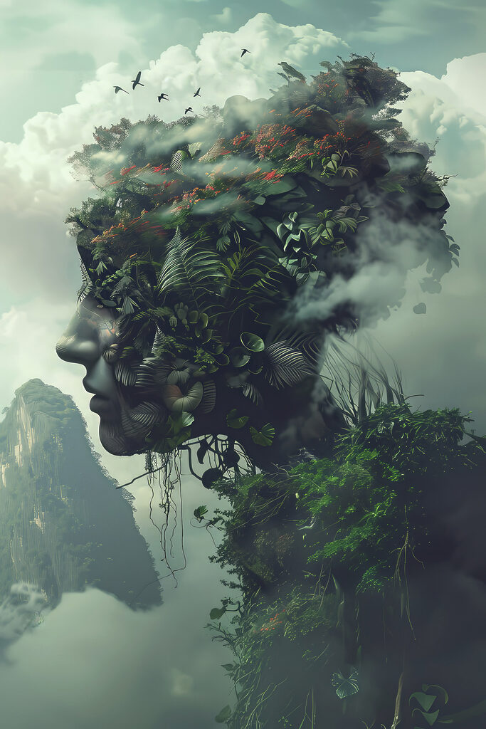 A face made of plants and clouds A face made of plants and clouds