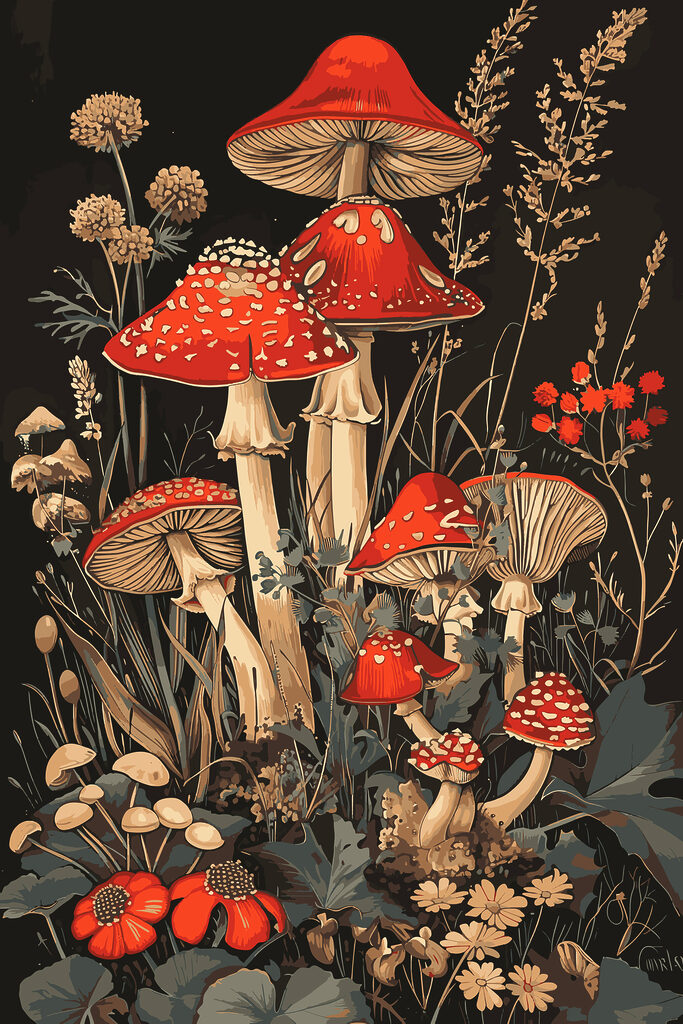 A painting of mushrooms and plants