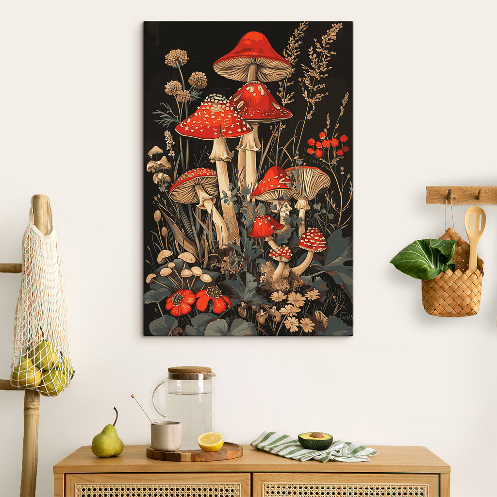 A painting of mushrooms and plants
