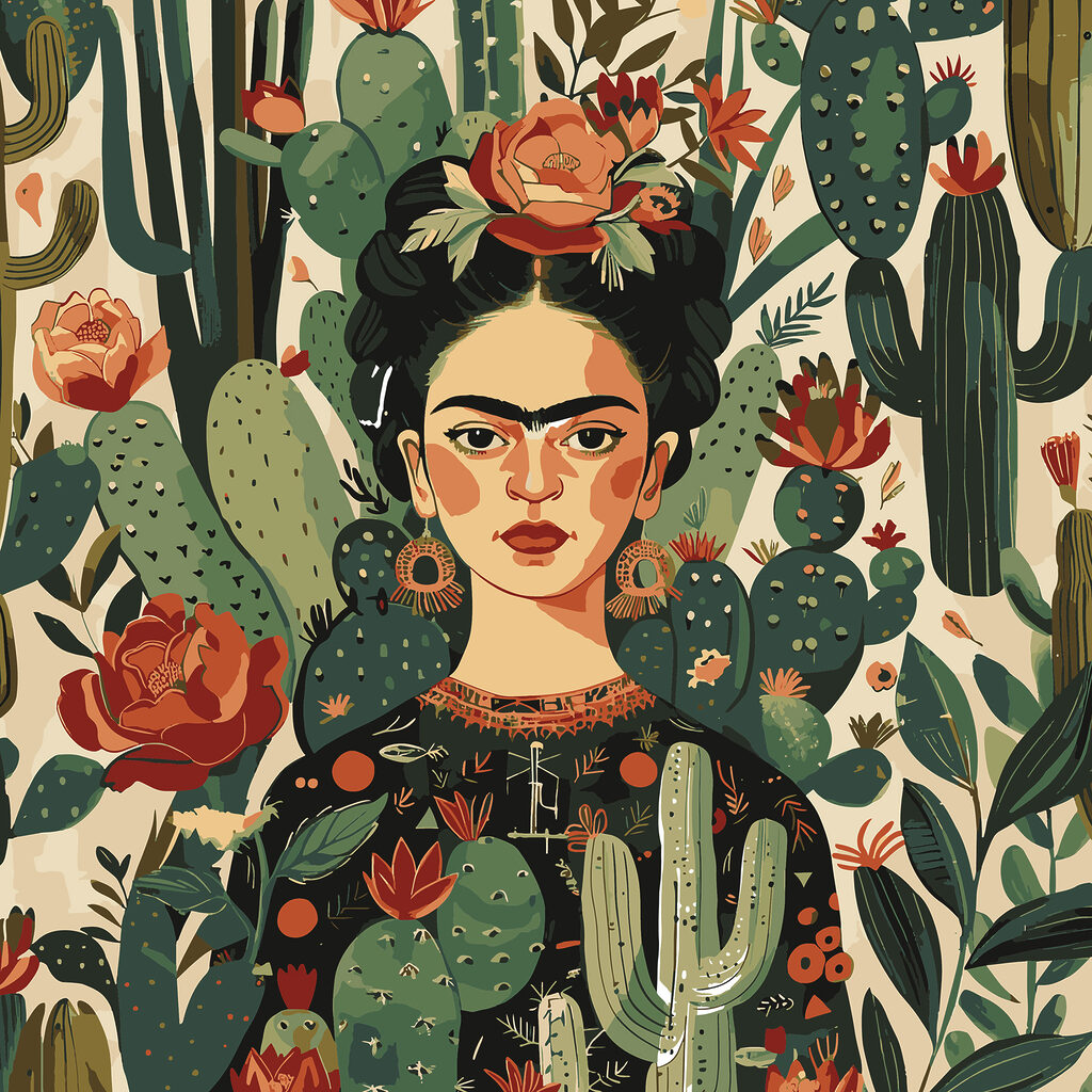A painting of a woman with cactuses A painting of a woman with cactuses