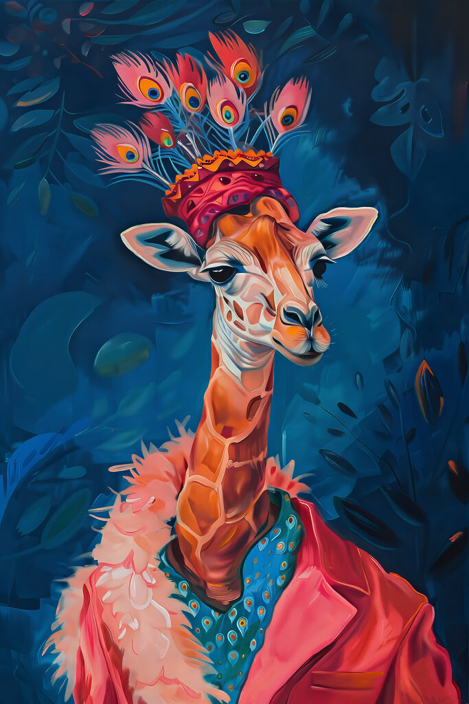 A giraffe wearing a hat