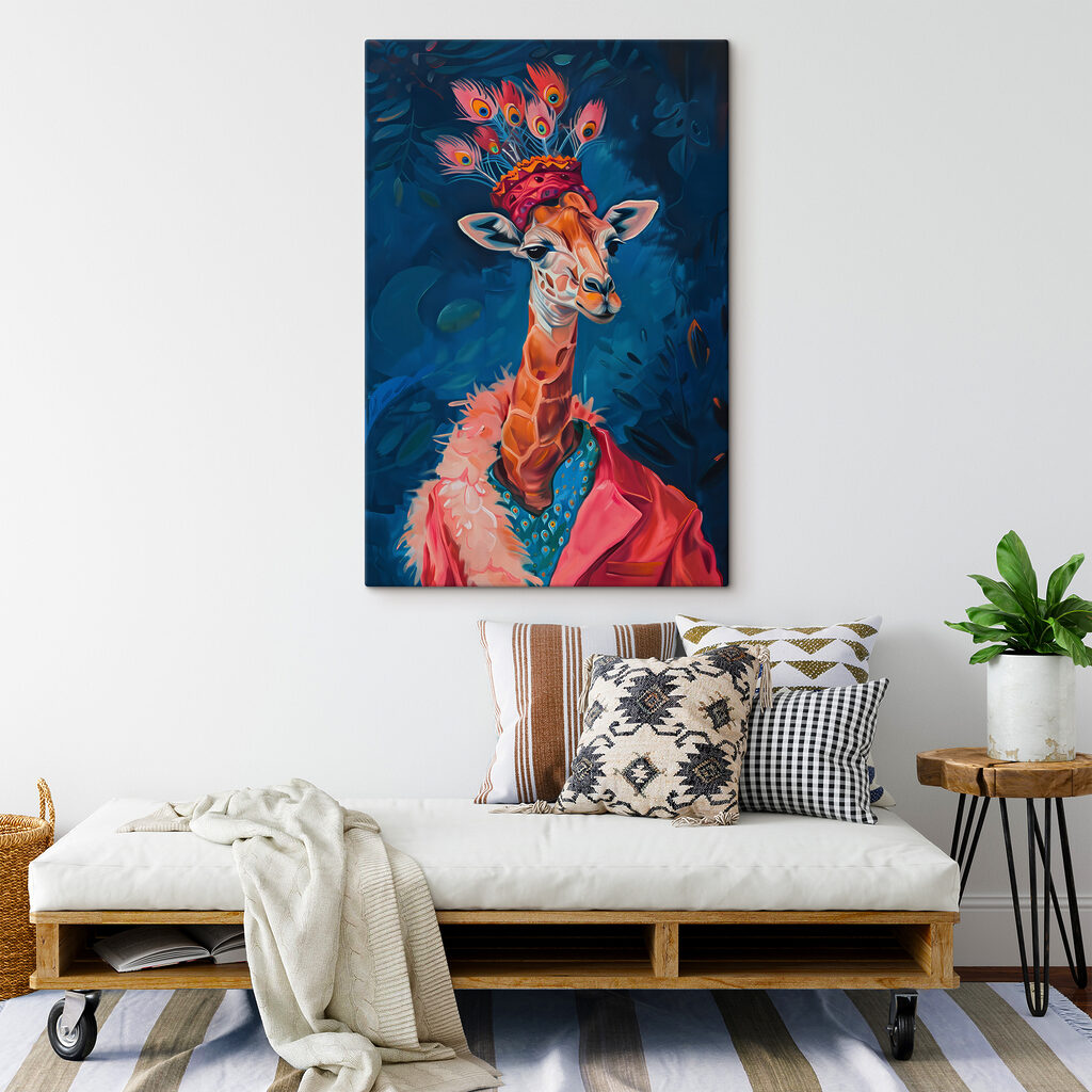 A giraffe wearing a hat