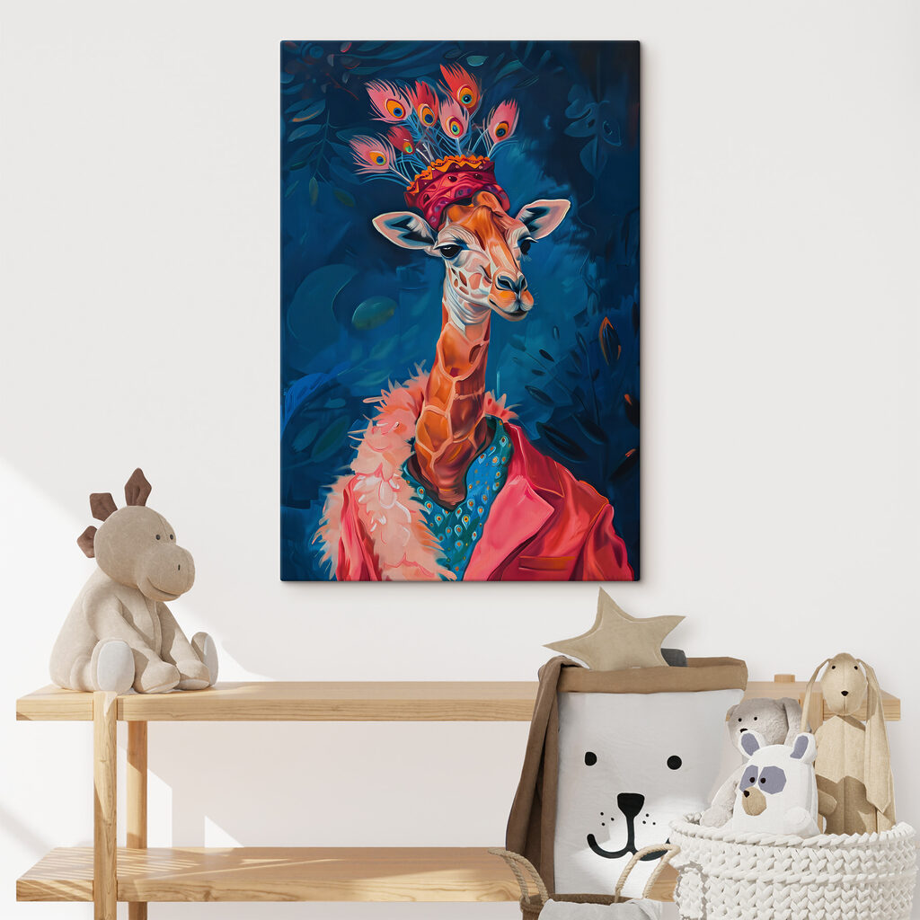 A giraffe wearing a hat