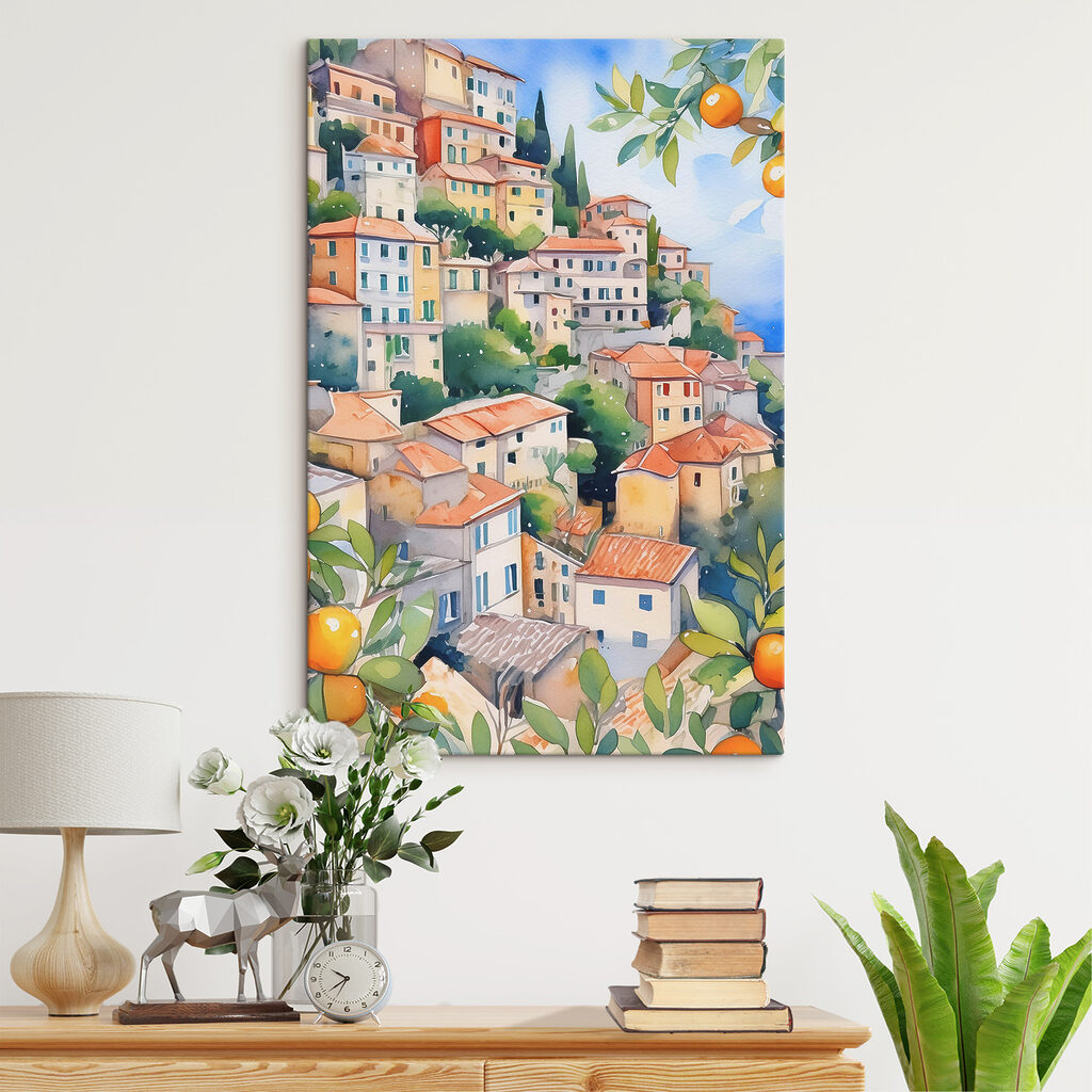 Watercolor painting of a city with oranges Watercolor painting of a city with oranges