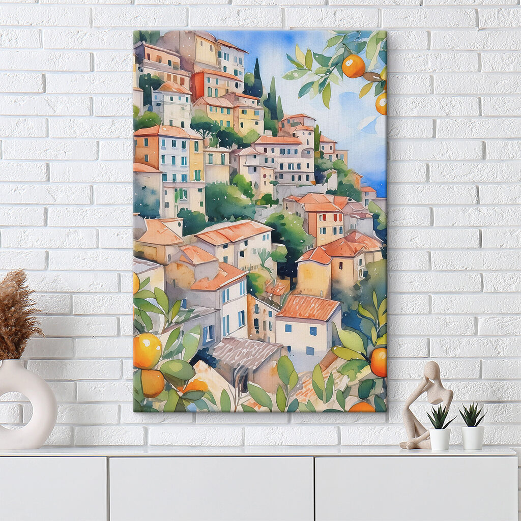Watercolor painting of a city with oranges Watercolor painting of a city with oranges