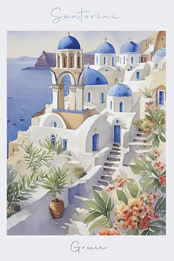 A painting of a white building with blue domes