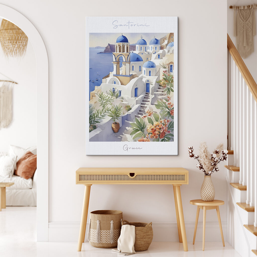 A painting of a white building with blue domes