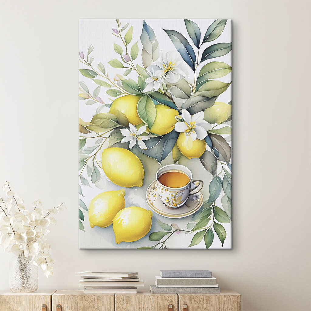 A painting of lemons and a cup of tea A painting of lemons and a cup of tea