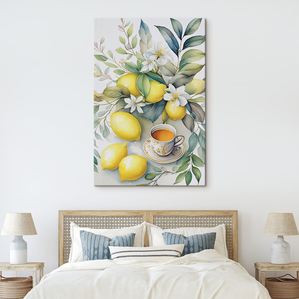 A painting of lemons and a cup of tea A painting of lemons and a cup of tea