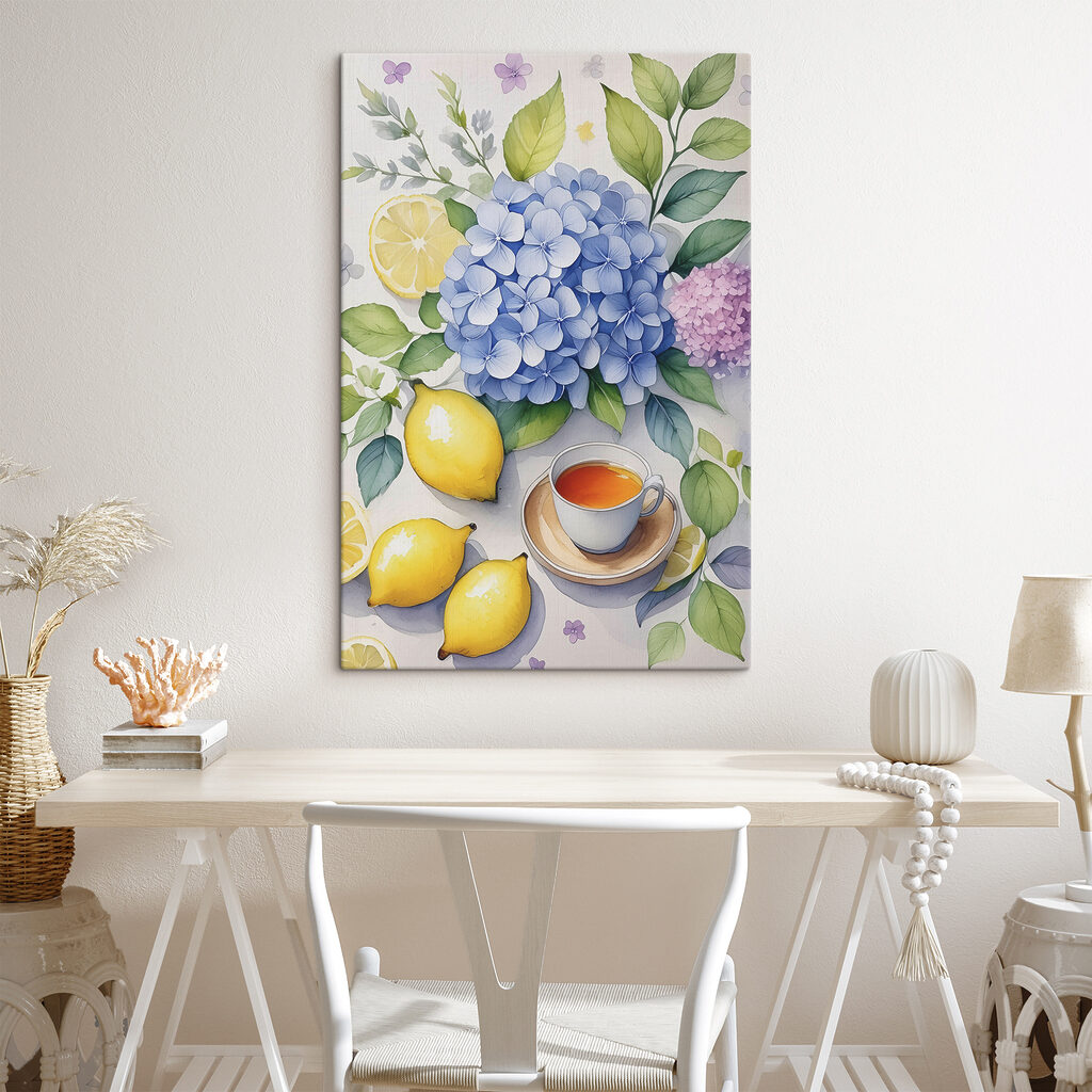 A painting of a cup of tea and lemons