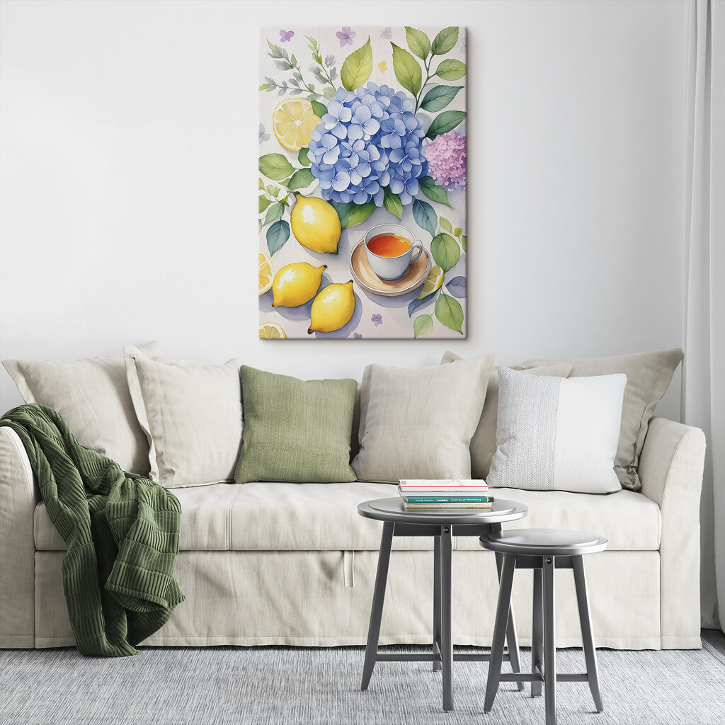 A painting of a cup of tea and lemons