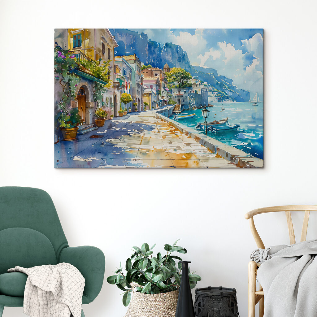 Watercolor of a city along a body of water Watercolor of a city along a body of water