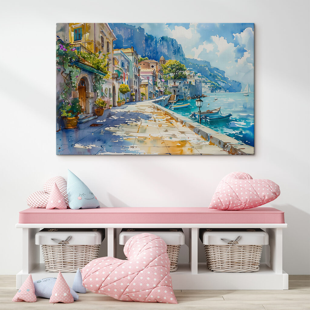 Watercolor of a city along a body of water Watercolor of a city along a body of water