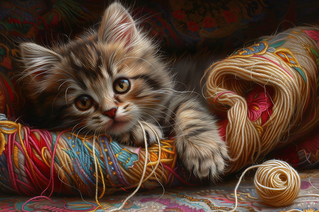 A cat lying on a ball of yarn A cat lying on a ball of yarn