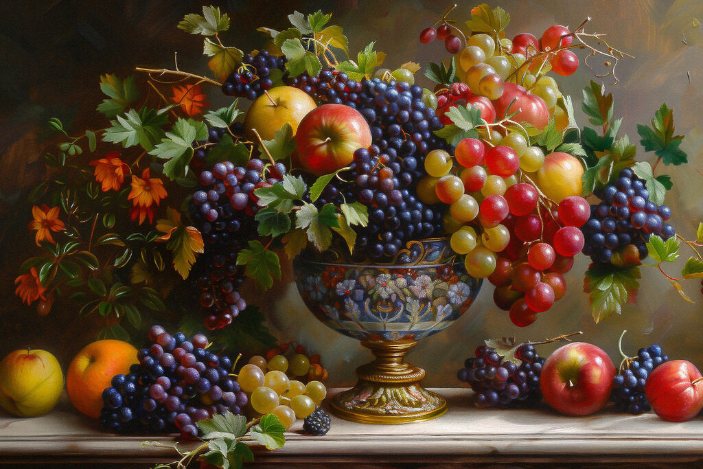 A painting of fruit in a vase A painting of fruit in a vase