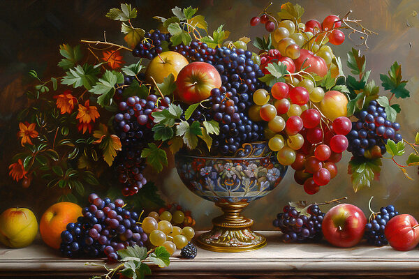 A painting of fruit in a vase A painting of fruit in a vase