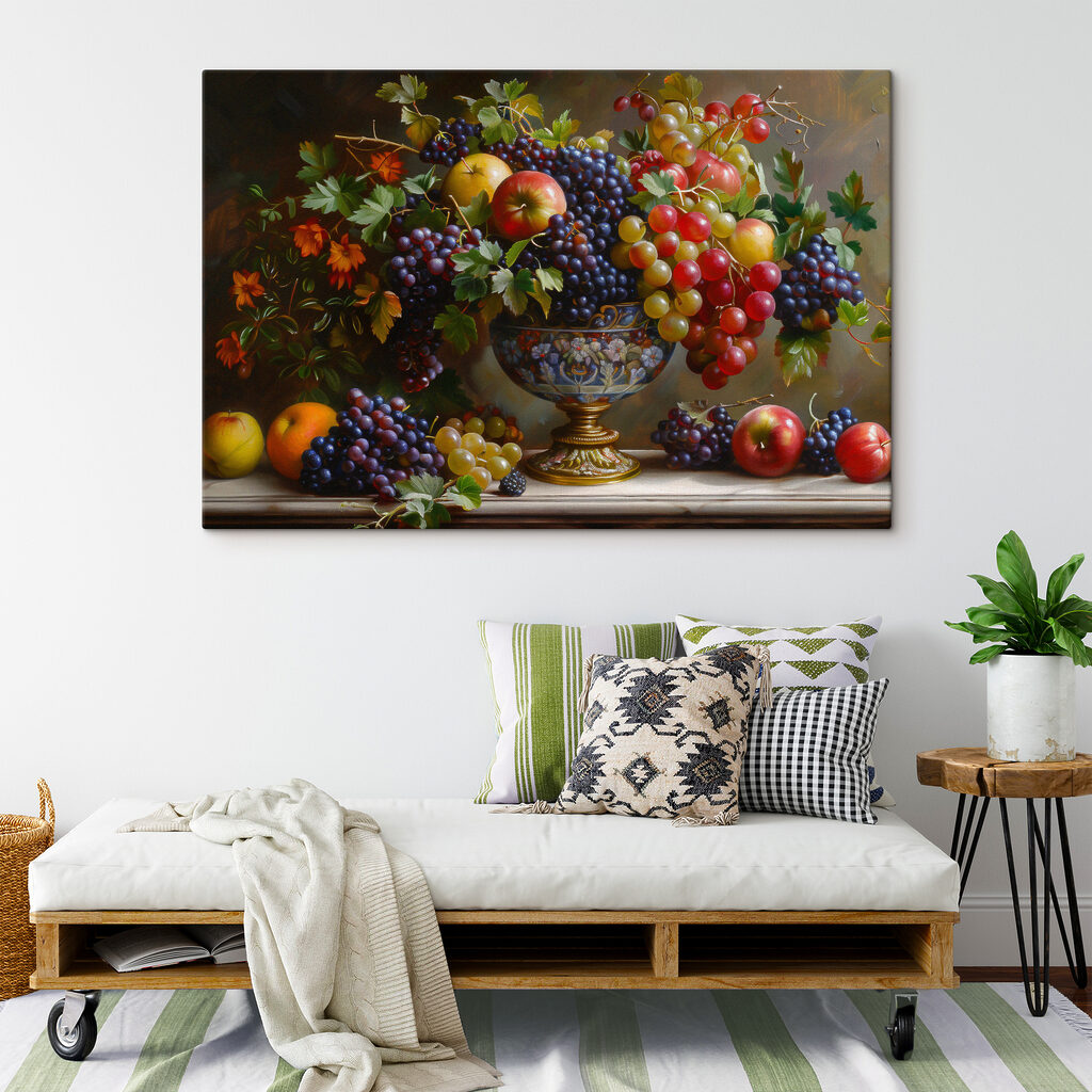 A painting of fruit in a vase A painting of fruit in a vase