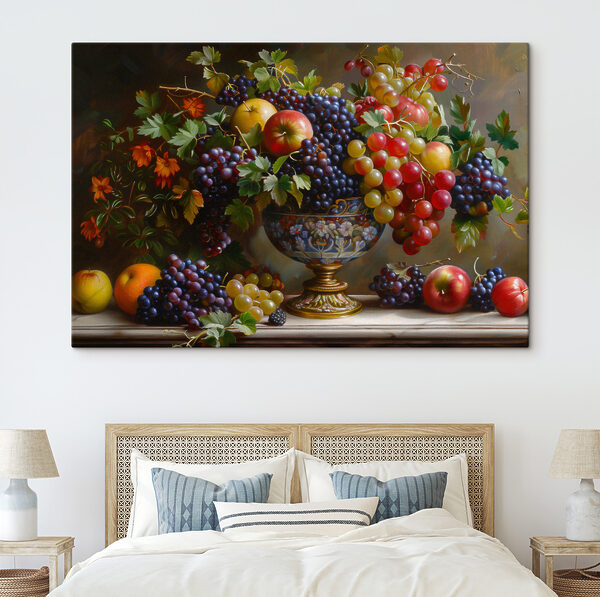 A painting of fruit in a vase A painting of fruit in a vase