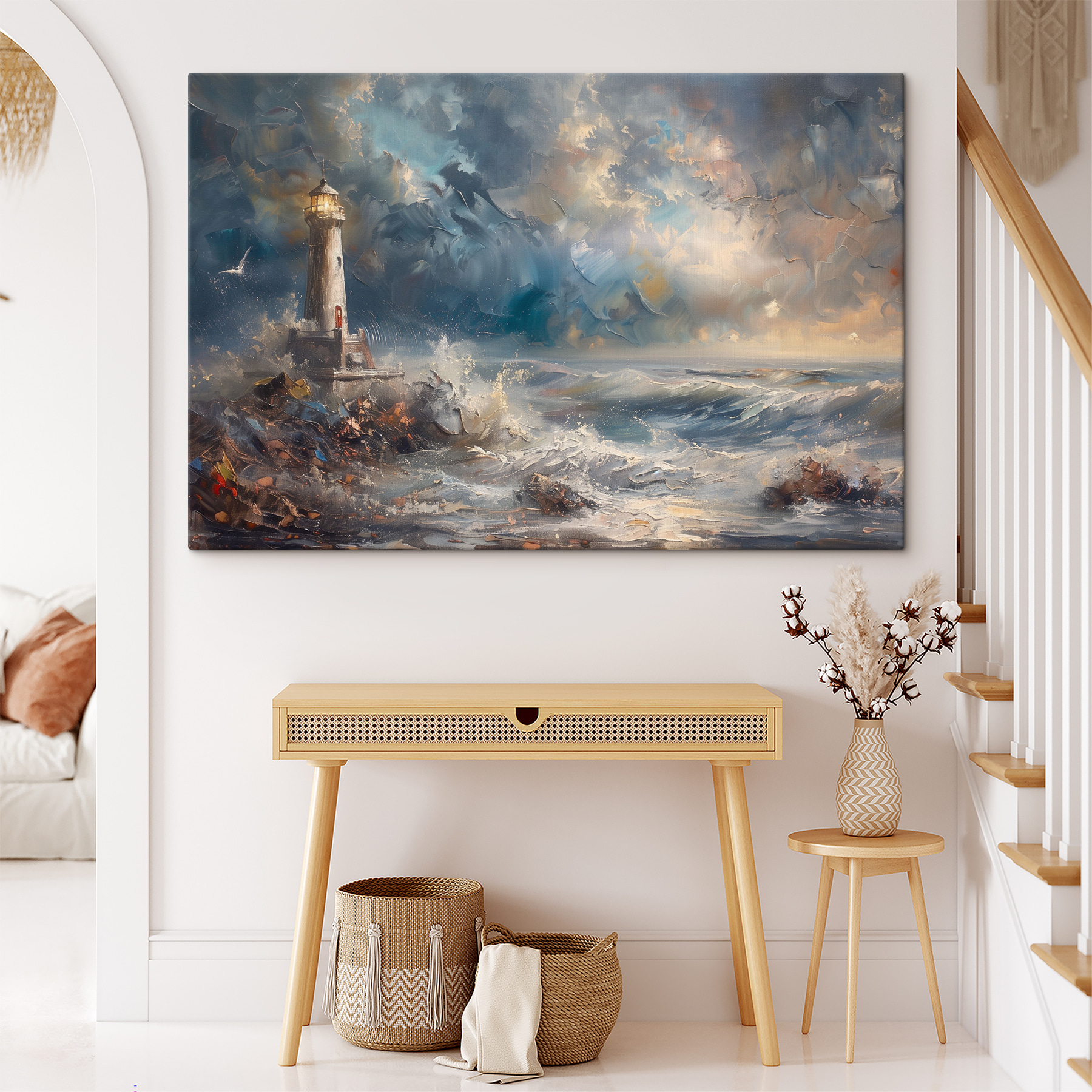 A painting of a lighthouse in the ocean