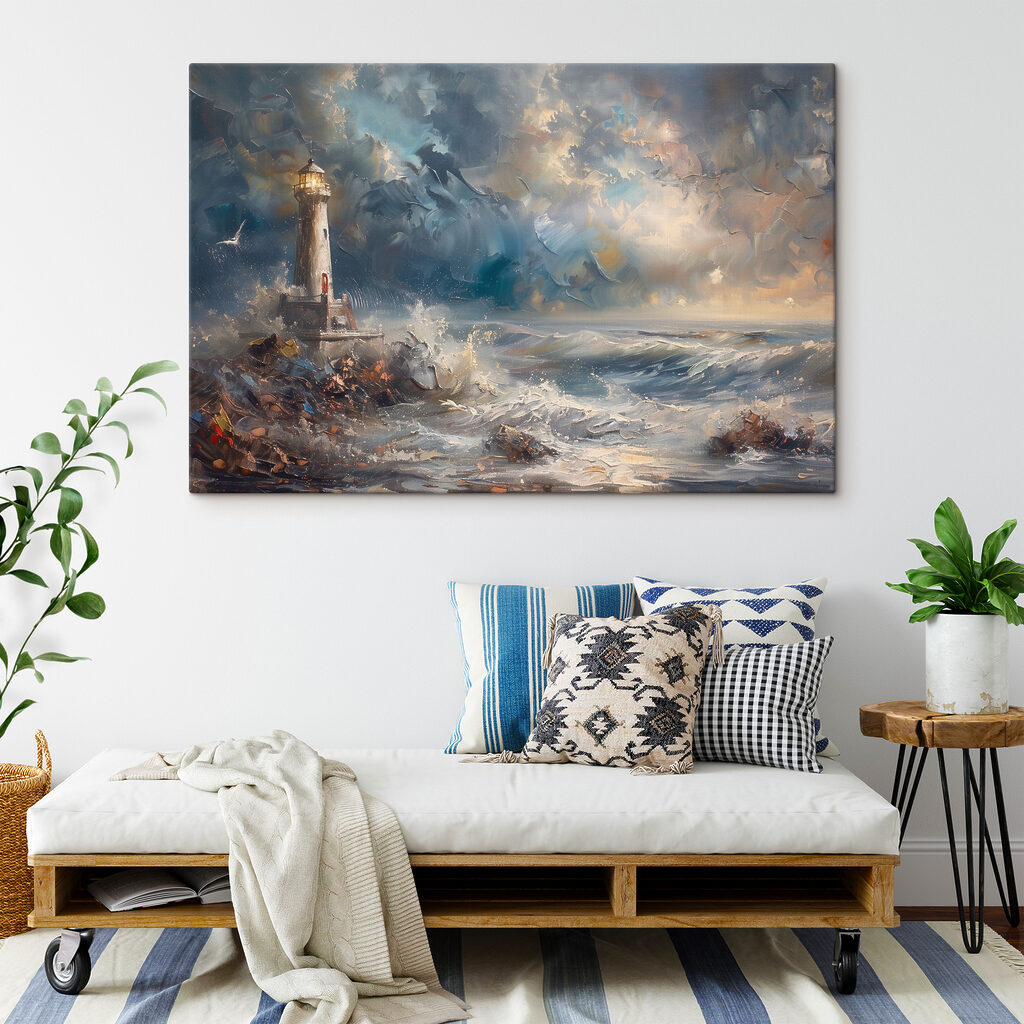 A painting of a lighthouse in the ocean
