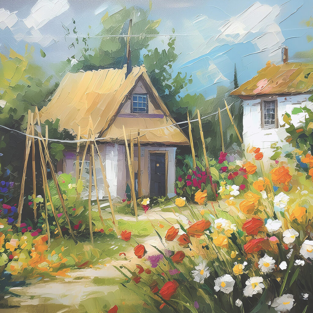 A painting of a house with flowers A painting of a house with flowers