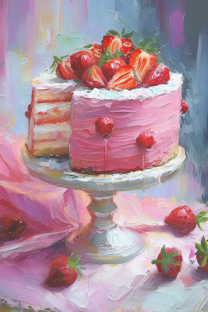 A painting of a cake with strawberries on top