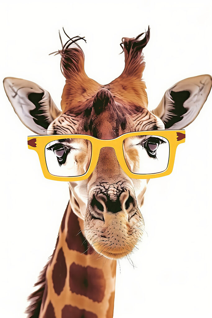A giraffe wearing yellow glasses A giraffe wearing yellow glasses
