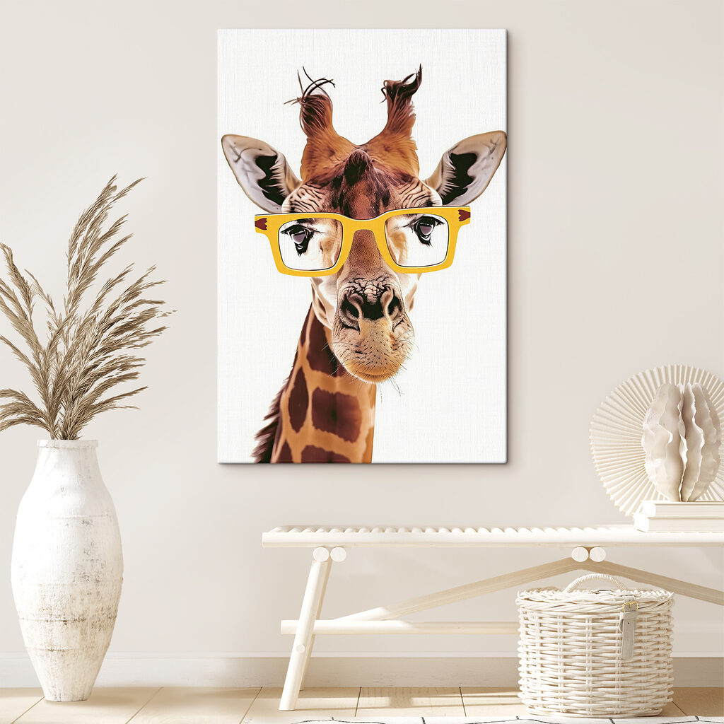 A giraffe wearing yellow glasses A giraffe wearing yellow glasses