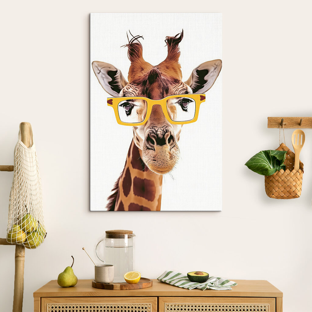 A giraffe wearing yellow glasses A giraffe wearing yellow glasses
