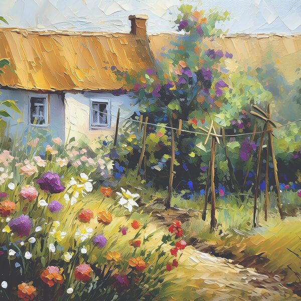 A painting of a house and flowers A painting of a house and flowers